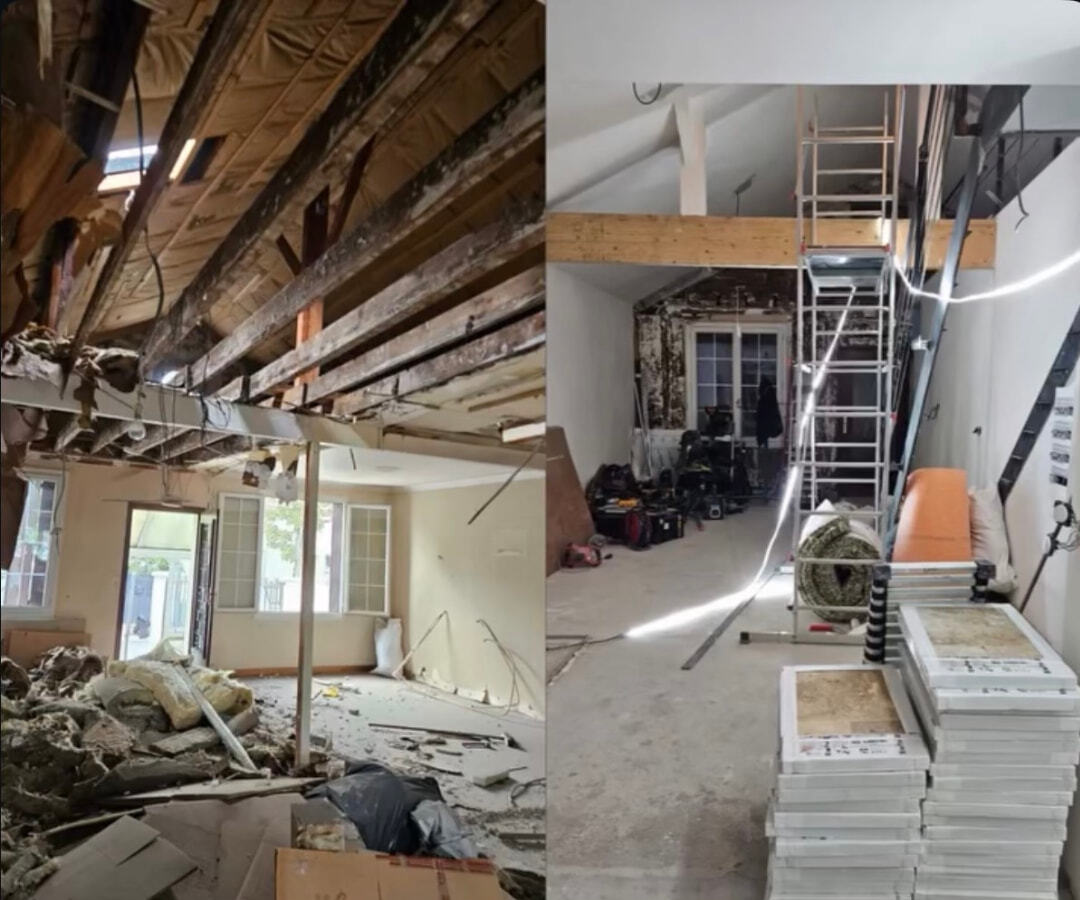 Avant la rénovation : charpente mise à nu et gravats en cours de chantier